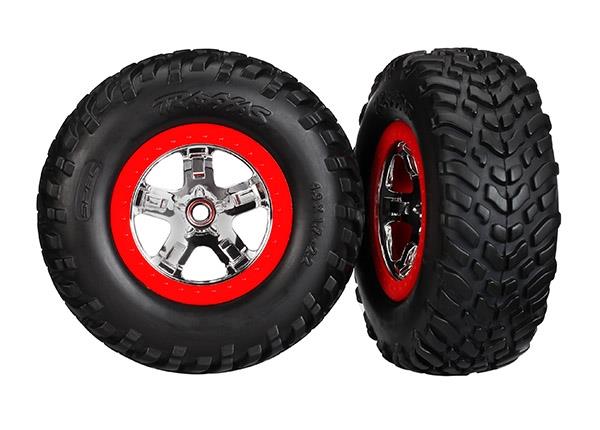 Traxxas Tires & wheels, assembled, glued (SCT chrome wheels, red beadlock style, dual profile (2.2" outer, 3.0" inner), SCT off-road racing tires, foam inserts) (2) (4WD f/r, 2WD rear) (TSM® rated)
