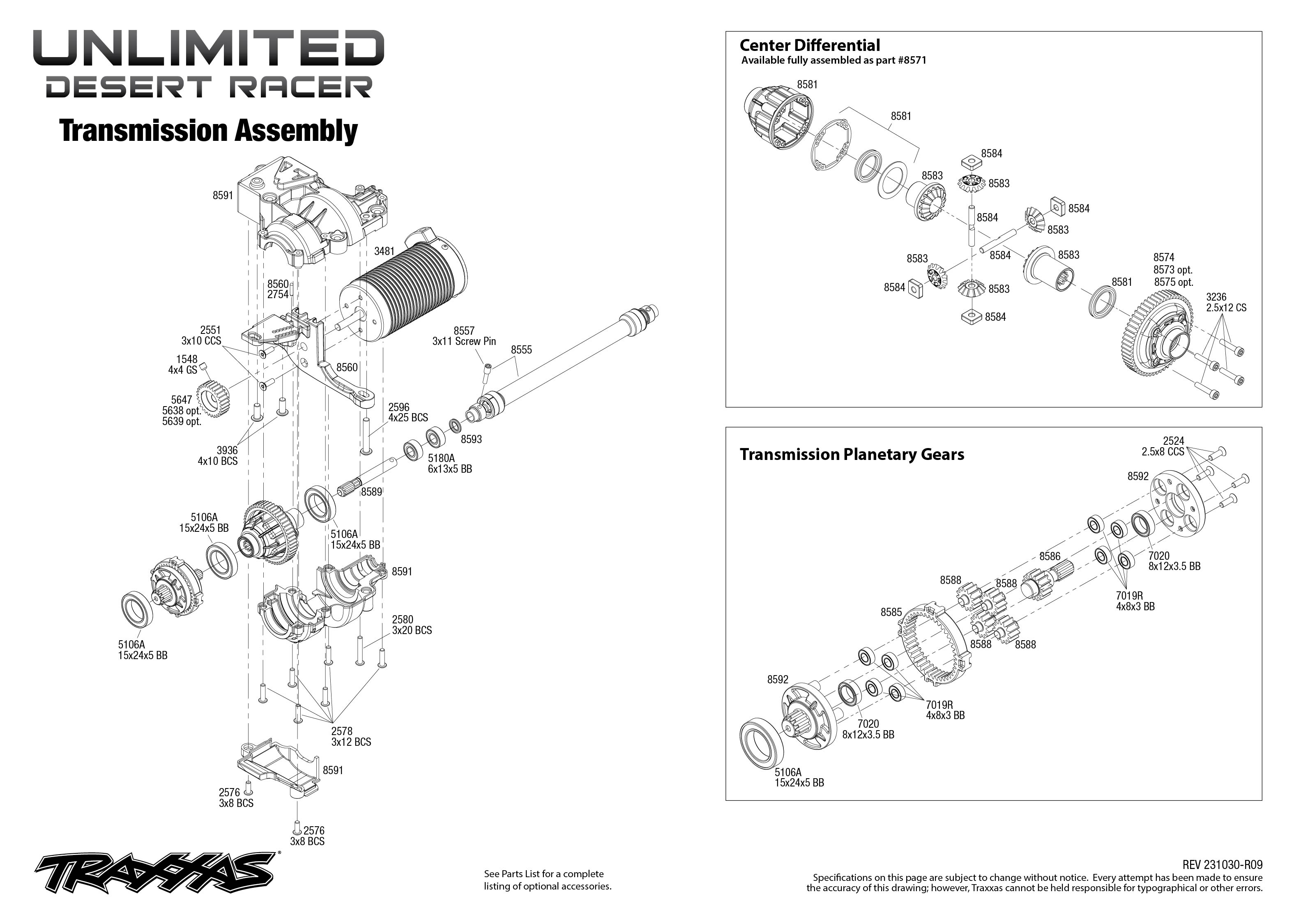 Traxxas Unlimited Desert Racer (85086-4) Transmission Assembly Exploded View