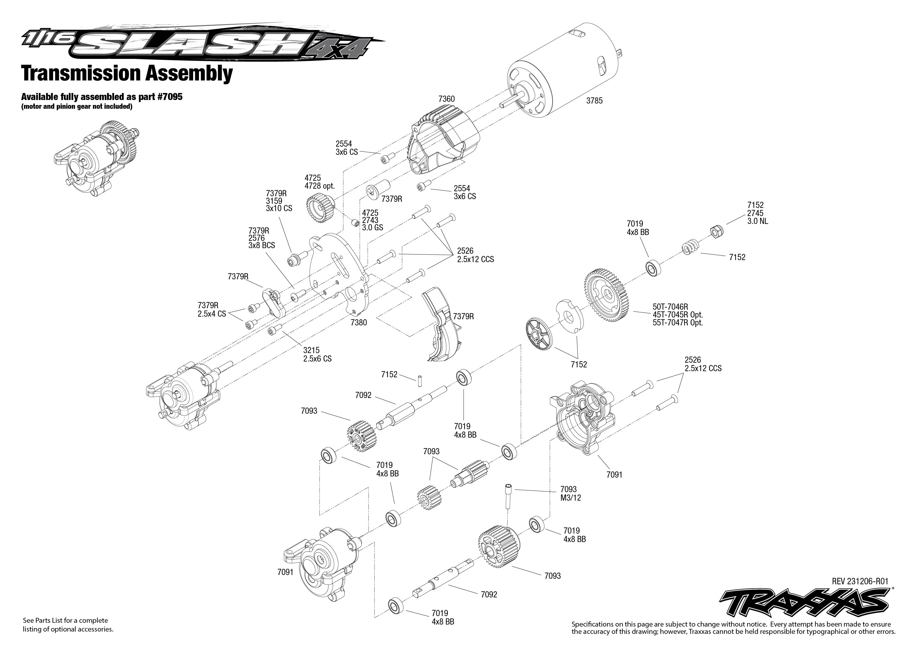 Traxxas 1/16 Slash 4X4 (70054-8) Transmission Assembly Exploded View