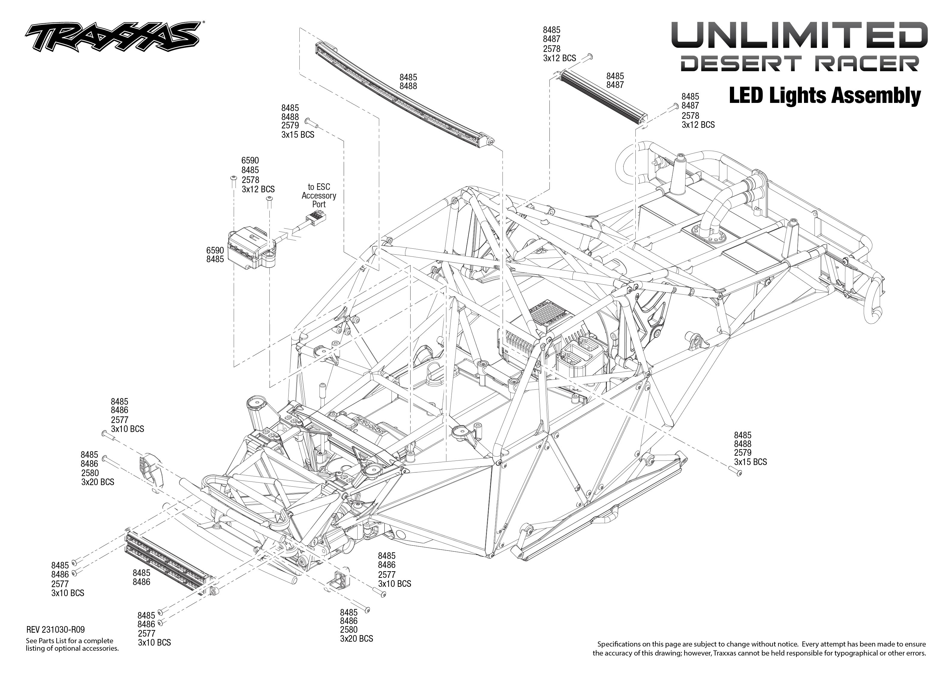 Traxxas Unlimited Desert Racer (85086-4) LED Lights Assembly Exploded View
