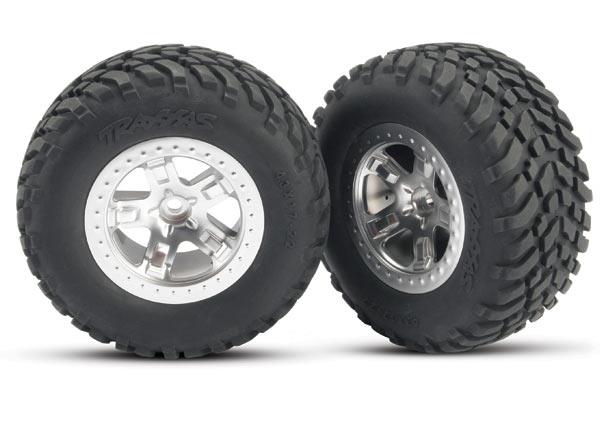 Traxxas Tires & wheels, assembled, glued (SCT, satin chrome wheels, beadlock type, (dual profile 2.2" outer 3.0" inner), SCT off-road tires, foam inserts) (2) (Front)