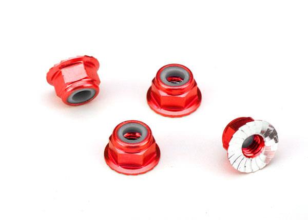 Traxxas Nuts aluminum flanged serrated (4mm) (red-anodized) (4)