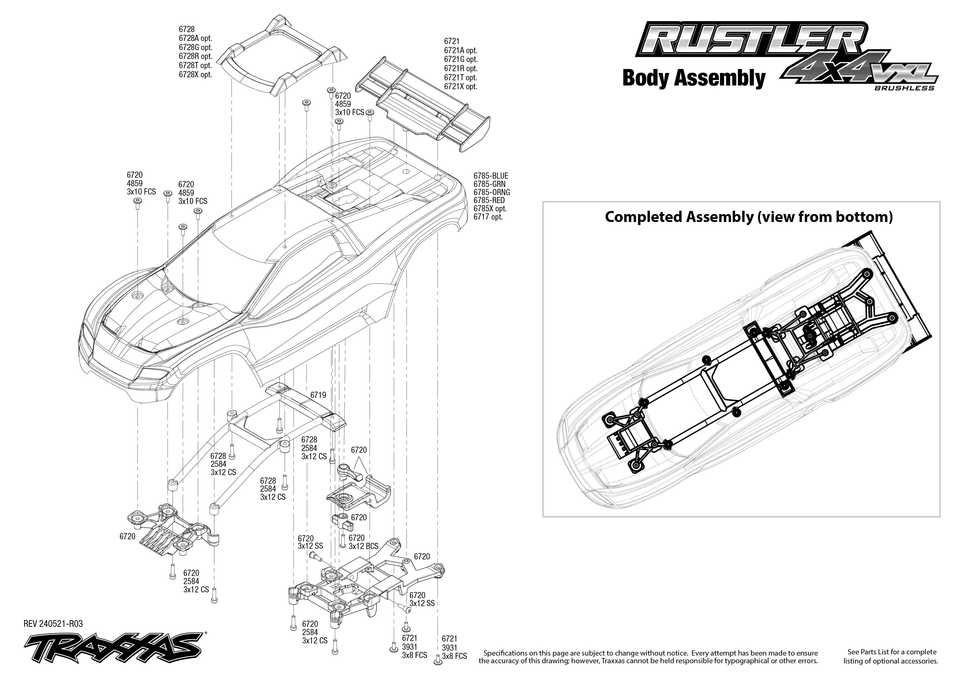 Traxxas Rustler 4X4 VXL (67376-4) Body Assembly Exploded View