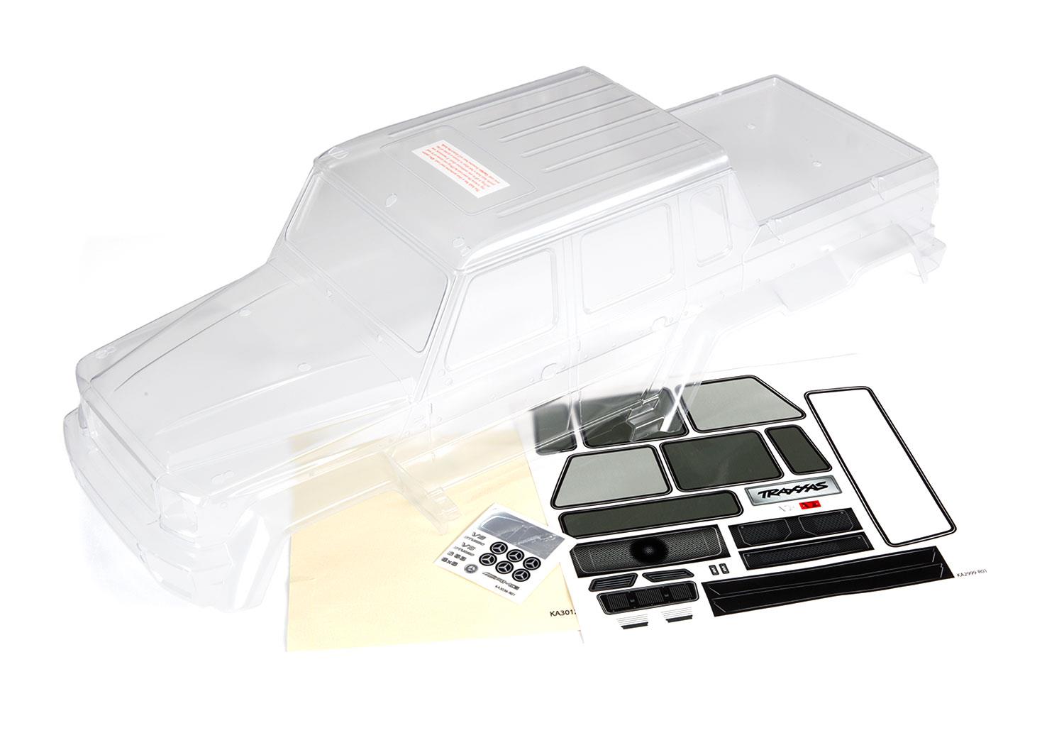 Traxxas Body, Mercedes-Benz® G 63® (clear, requires painting)/ decals/ window masks (includes grille, side mirrors, door handles, & windshield wipers)