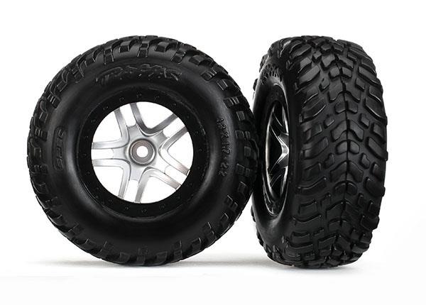 Traxxas Tires & wheels, assembled, glued (S1 compound) (SCT Split-Spoke satin chrome, black beadlock style wheels, SCT off-road racing tires, foam inserts) (2) (4WD f/r, 2WD rear) (TSM® rated)