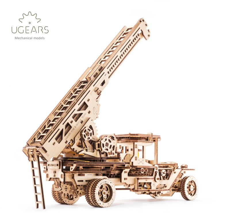 U-Gears Brandweertruck met ladder / Fire Ladder mechanisch houten bouwpakket