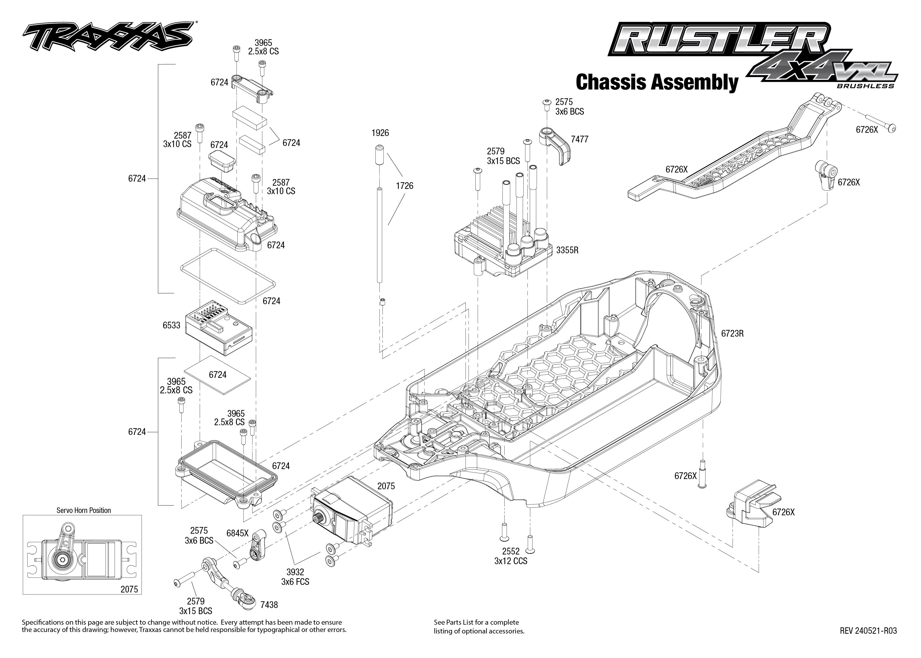 Traxxas Rustler 4X4 VXL (67376-4) Chassis Assembly Exploded View