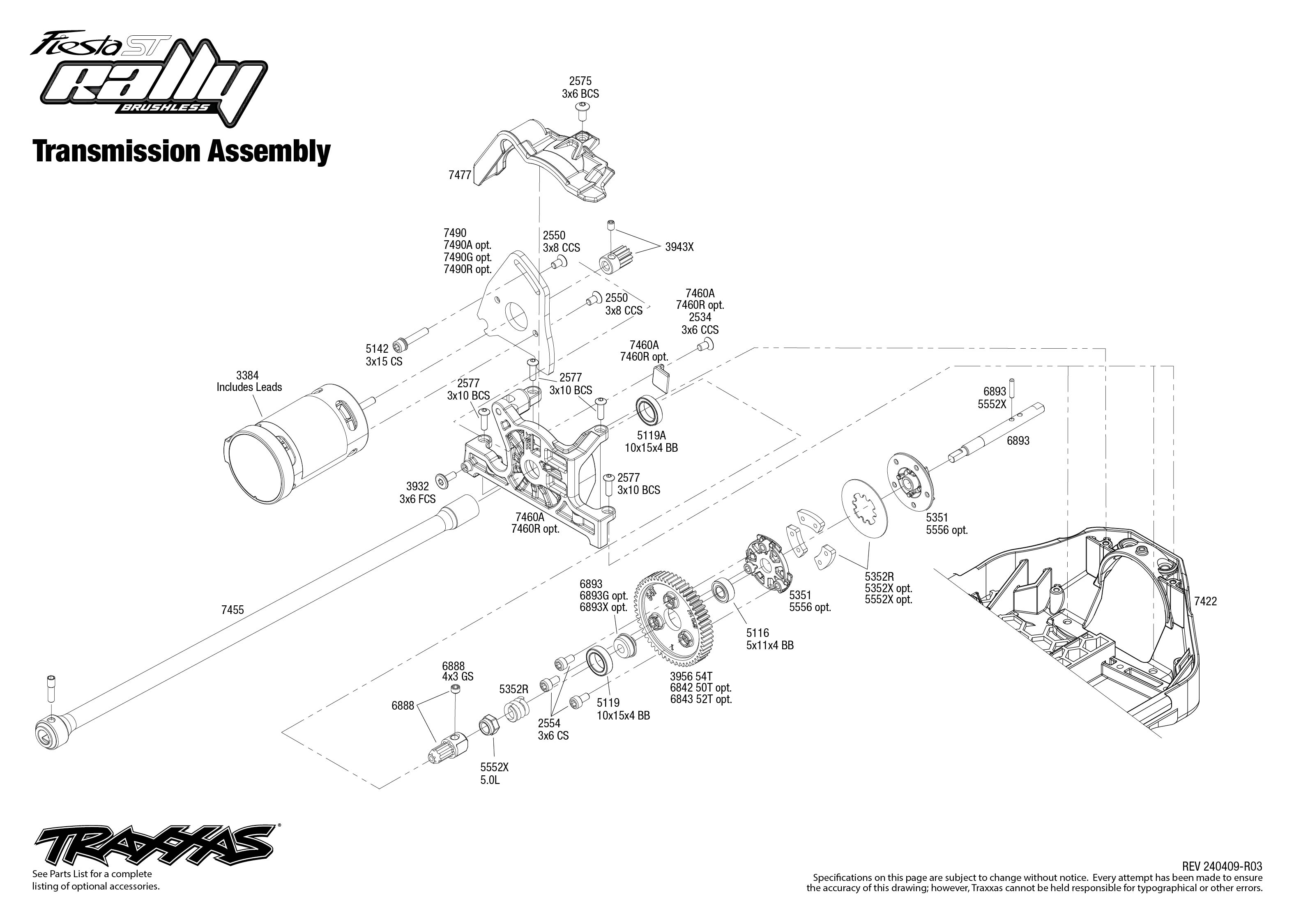 Traxxas Ford Fiesta ST Rally Brushless (74154-4) Transmission Assembly Exploded View