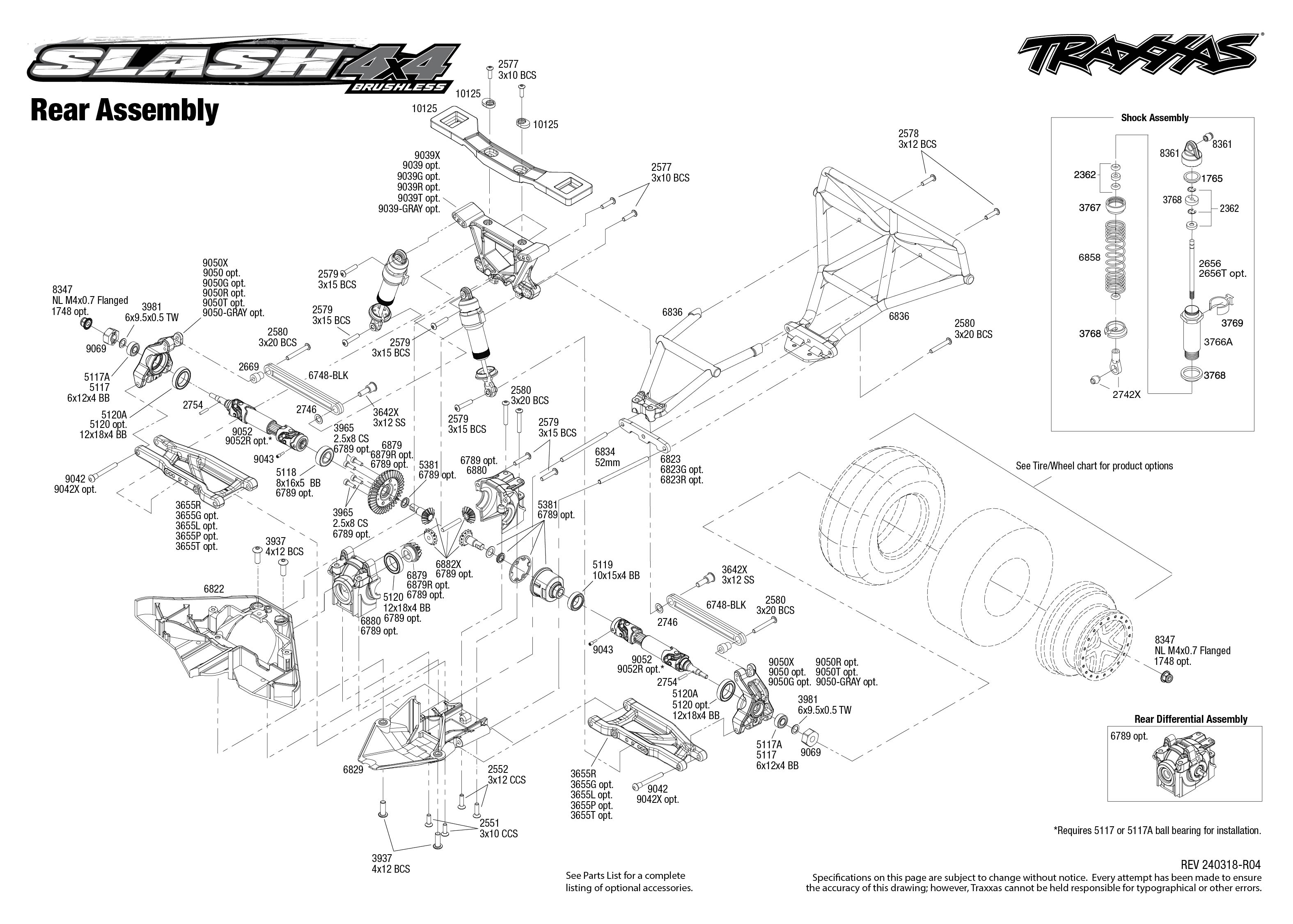 Traxxas Slash 4X4 Brushless (68154-4) Rear Assembly Exploded View