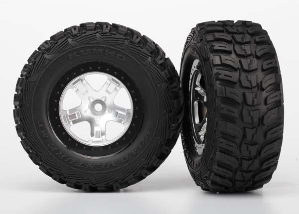 Traxxas Tire & wheel assy, glued (SCT satin chrome, black beadlock style wheels, Kumho tires, foam inserts) (2) (4WD front/rear, 2WD rear only)
