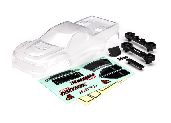 Traxxas Body, Mini Maxx® (clear, requires painting)/ window masks/ decal sheet (includes front & rear body latches, hardware) (for clipless mounting)