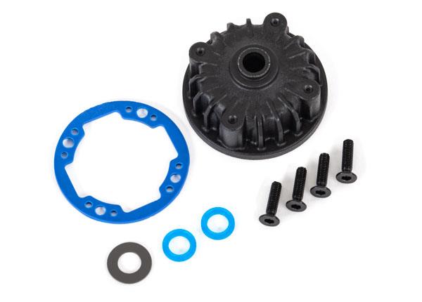 Traxxas Housing center differential/ x-ring gaskets (2)/ 5x10x0.5 PTFE-coated washer (1)/ 2.5x8 CCS (4)