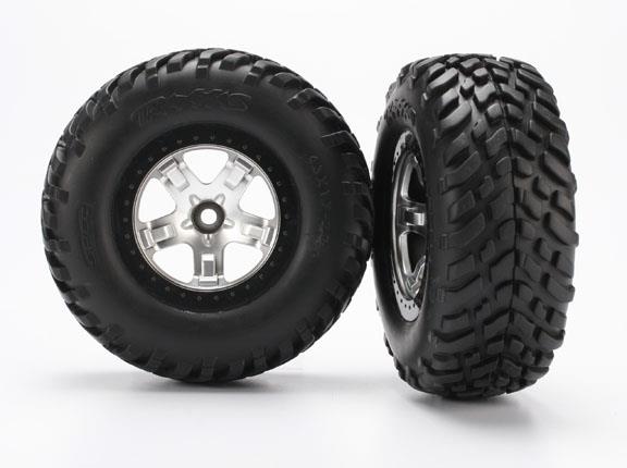 Traxxas Tire & wheel assy, glued (SCT satin chrome, black beadlock style wheels, SCT off-road racing tires, foam inserts) (2) (2WD front)