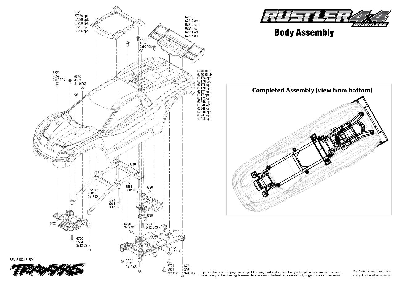 Traxxas Rustler 4X4 Brushless (67164-4) Body Assembly Exploded View