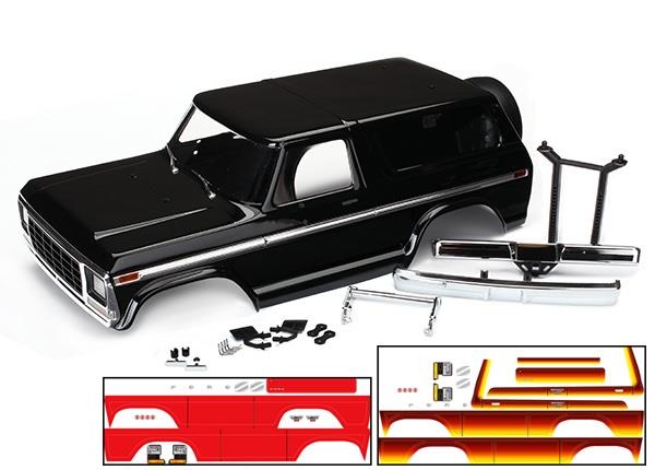 Traxxas Body Ford Bronco complete (black) (includes front and rear bumpers push bar, rear body mount, grille, side mirrors, door handles, windshield wipers, spare tire mount, red and sunset Decal sheets
