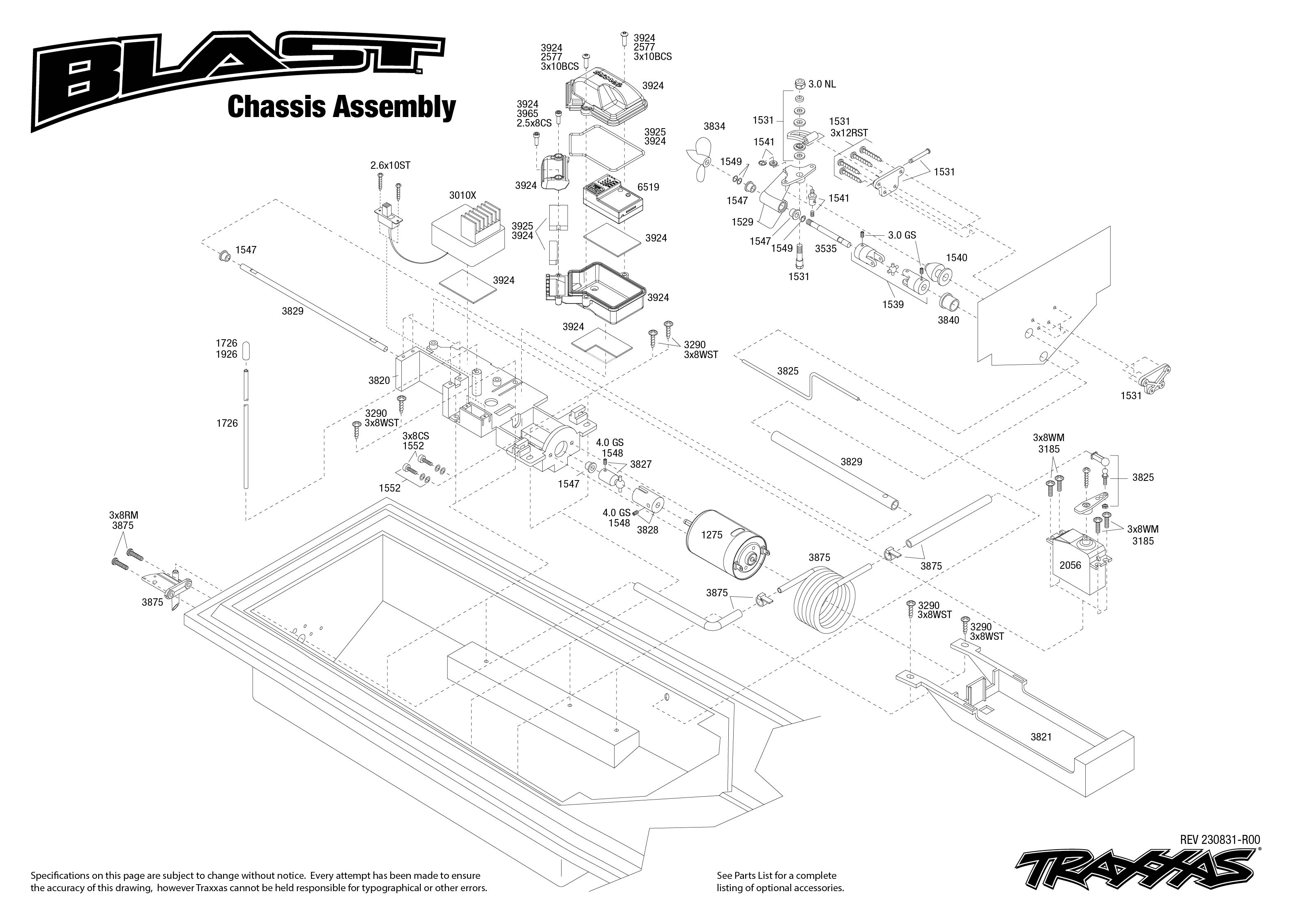 Traxxas Blast (38104-8) Hull Assembly Exploded View