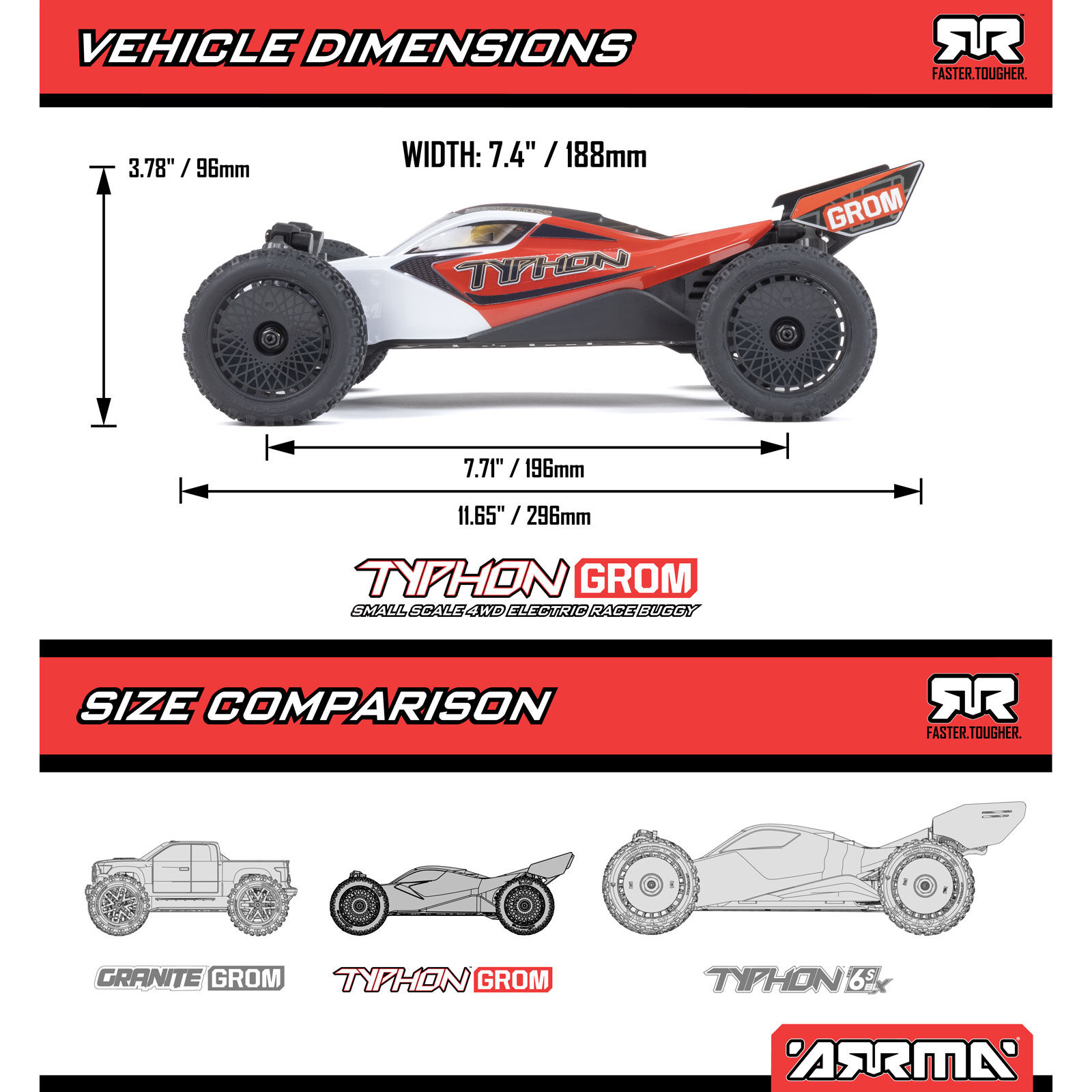 Arrma TYPHON GROM MEGA 380 Brushed 4X4 Small Scale Buggy RTR with Battery & Charger Red/White 1/18